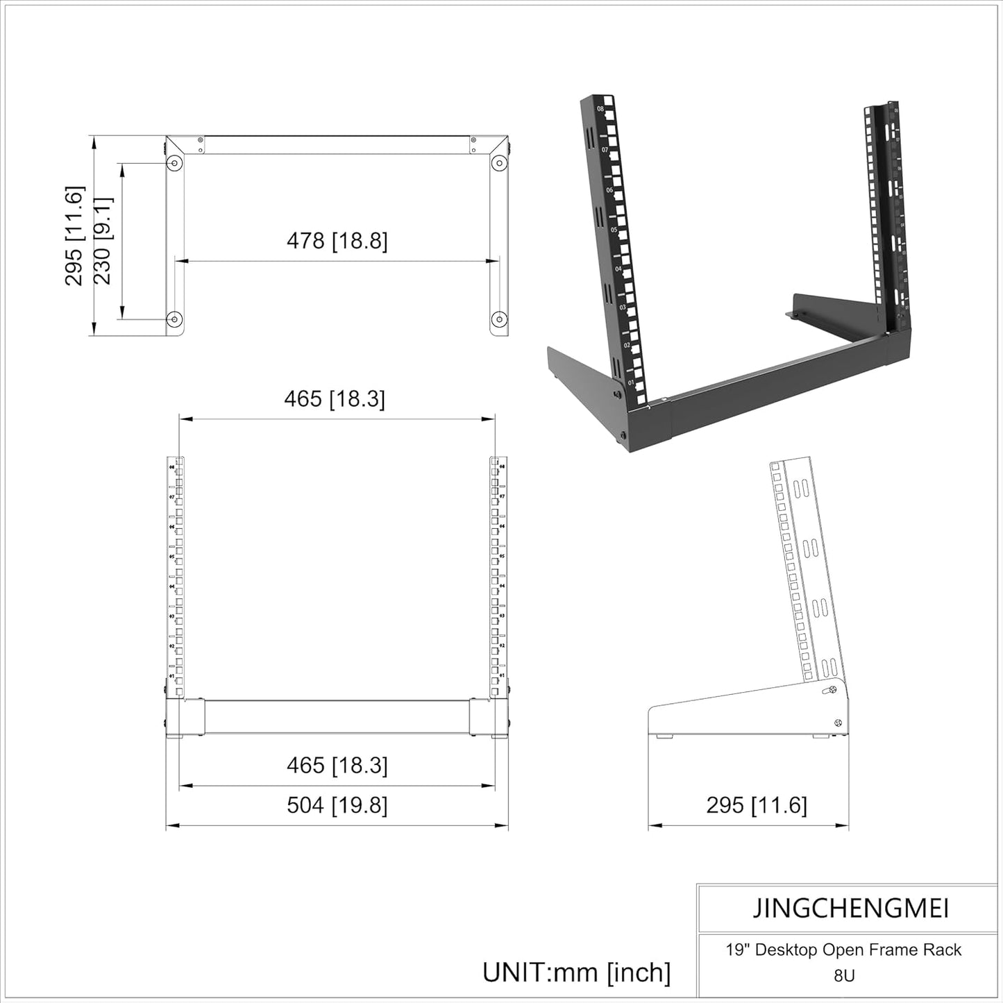 JINGCHENGMEI 8U Desktop Server Rack 2-Post Free Standing Tabletop Rack for 19 inches Patch Panel, Data, AV, IT,Studio, Networking Equipments or Components (8U)