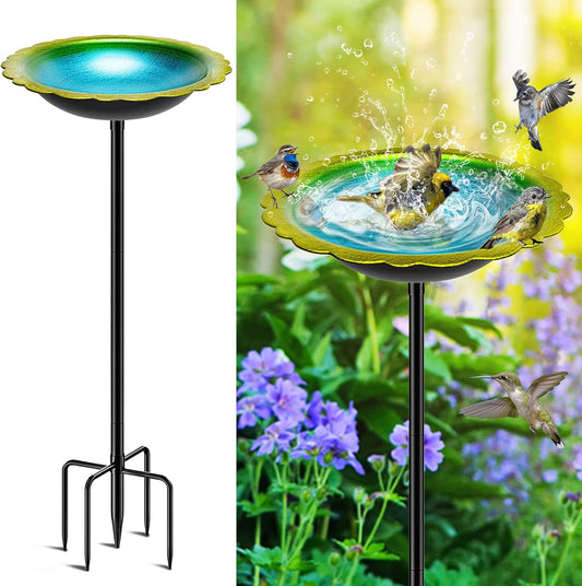 38In Bird Bath for Outside, Metal Birdbath Bowl Decorated Metal with 5 Prong Base Stand Outdoor Bird Baths Bird Feeder Garden Decor Yard Art (Blue-Green)