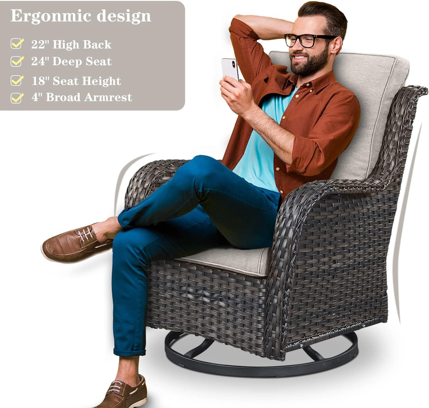 5 Piece Outdoor Patio Furniture Set - Outdoor Conversation Couch and Loveseat Glider Chair Furniture Set with Rattan Coffee Table for Deck Balcony Poolside Brown Wicker/Beige Cushions