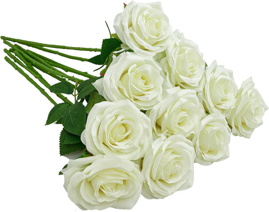 Artificial Rose 10pcs Open Flower Bouquet Faux Rose Stems for Wedding Arrangement, Bridal Bouquet, Centerpiece, Fake Faux Silk Flowers (Pale Yellow)