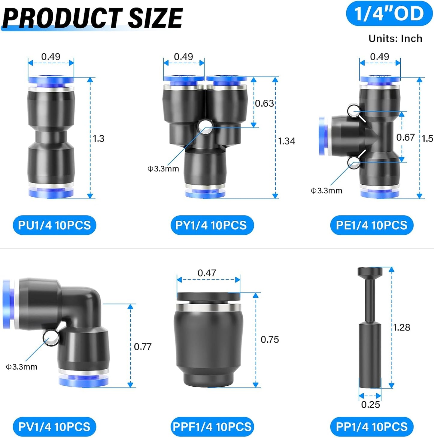 TAILONZ PNEUMATIC 1/4 Inch od Push to Connect Fittings Pneumatic Fittings Kit 10 Spliters+10 Elbows+10 tee+10 Straight+10 PPF+10 PP (60 pcs)