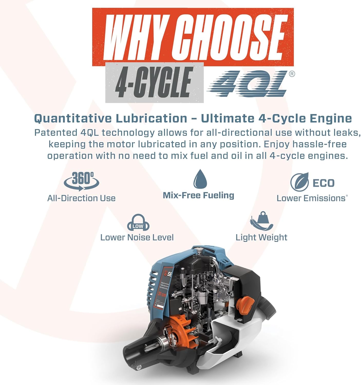 SENIX GTBCU4QL-M 4QL 31 cc Gas Brush Cutter, 4-Cycle String Trimmer and Edger Lawn Tool with Straight Shaft, Front D-Handle, Bump Feed, 17.7 Inch Cutting Width