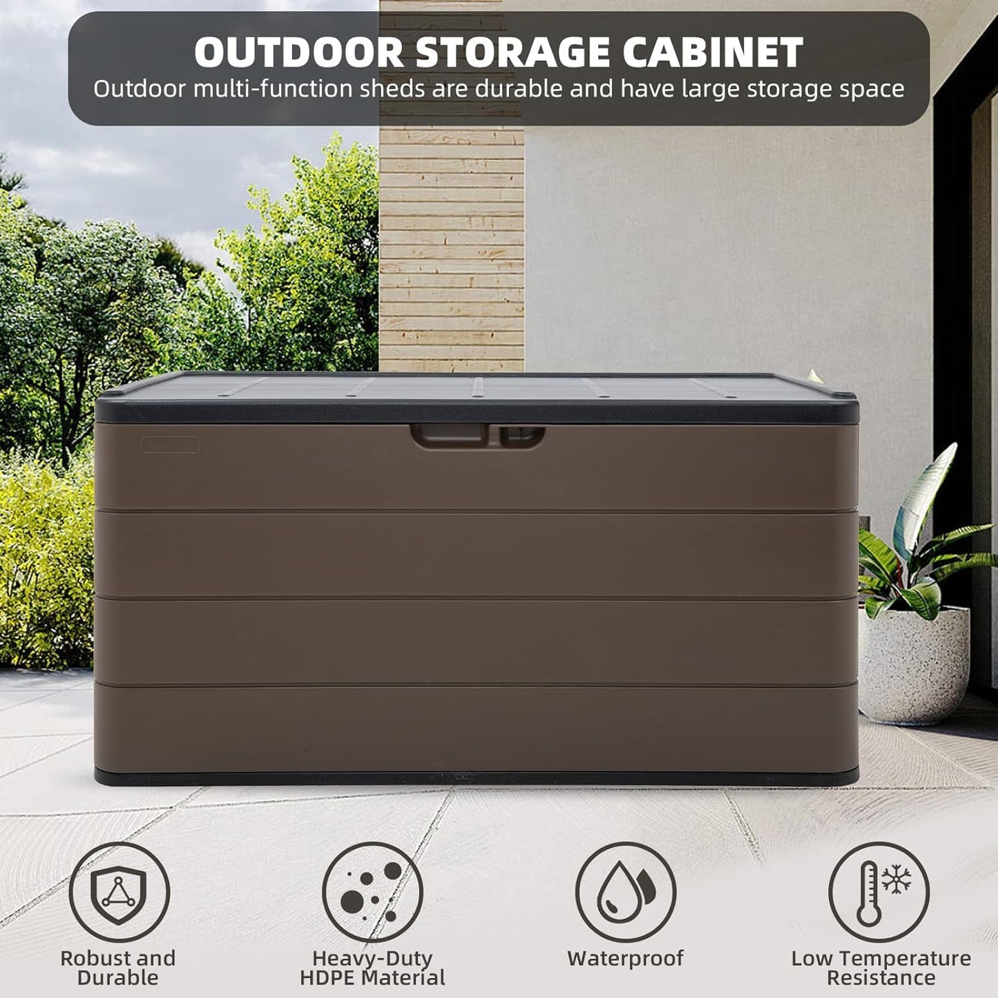 Premium Pro Edition 100 Gallon Lockable Resin Deck Box, Waterproof & UV-Resistant Outdoor Storage Box for Outdoor Cushion Storage, Garden Tools & Pool Accessories Storage, Brown