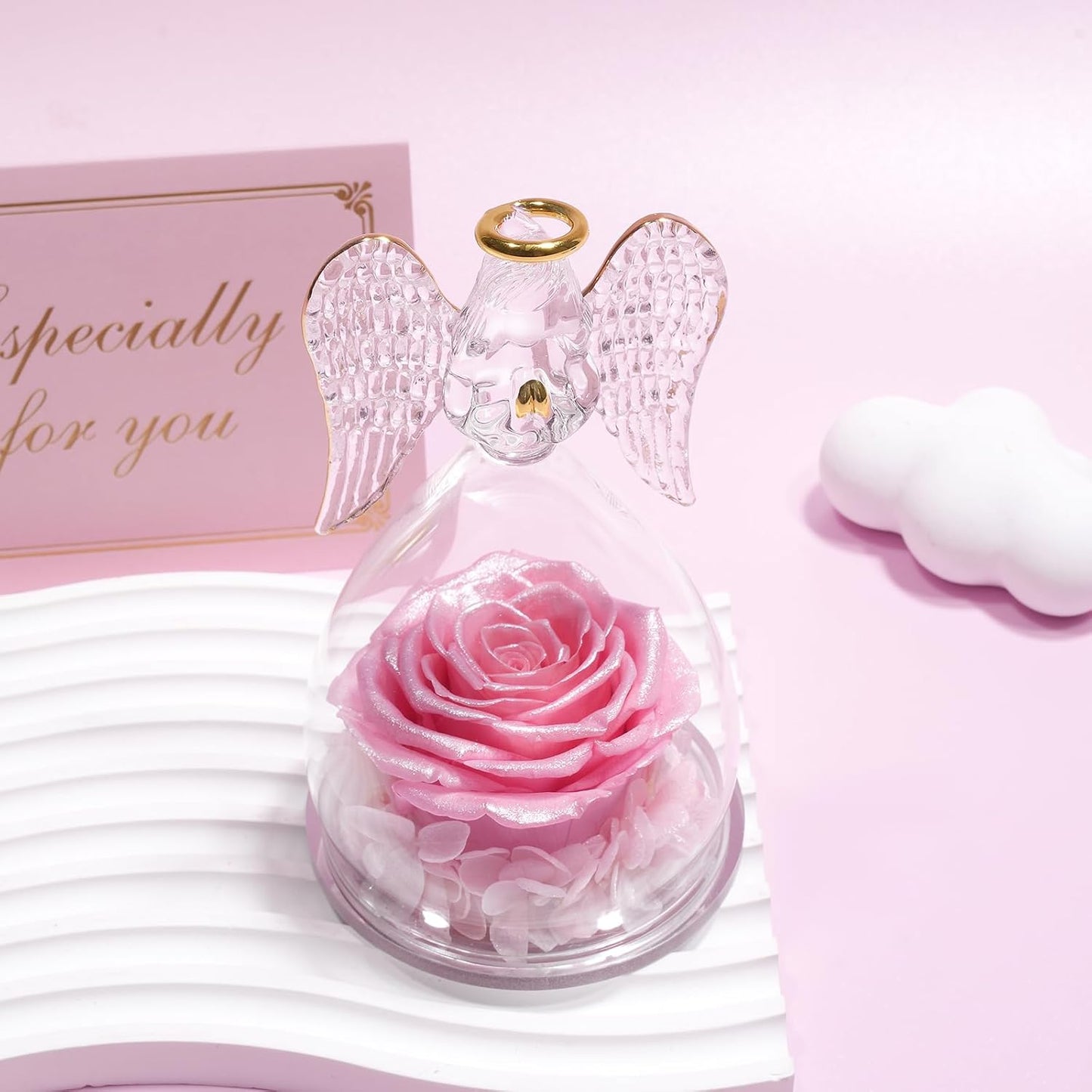 Yamonic Mom Birthday Gifts for Mom, Glass Angel Figurines with Real Rose Gifts for Moms Grandma, Preserved Flowers Real Rose Mothers Day Birthday Valentine’s Day Angel Gifts for Women Her(Pearl Pink)