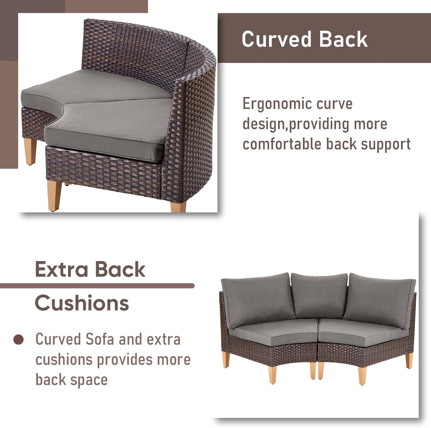 HUMMUH Outdoor Modular Sectional Couch All Weather PE Wicker Patio Sofa Half-Moon Loveseat for Garden Porch Backyard