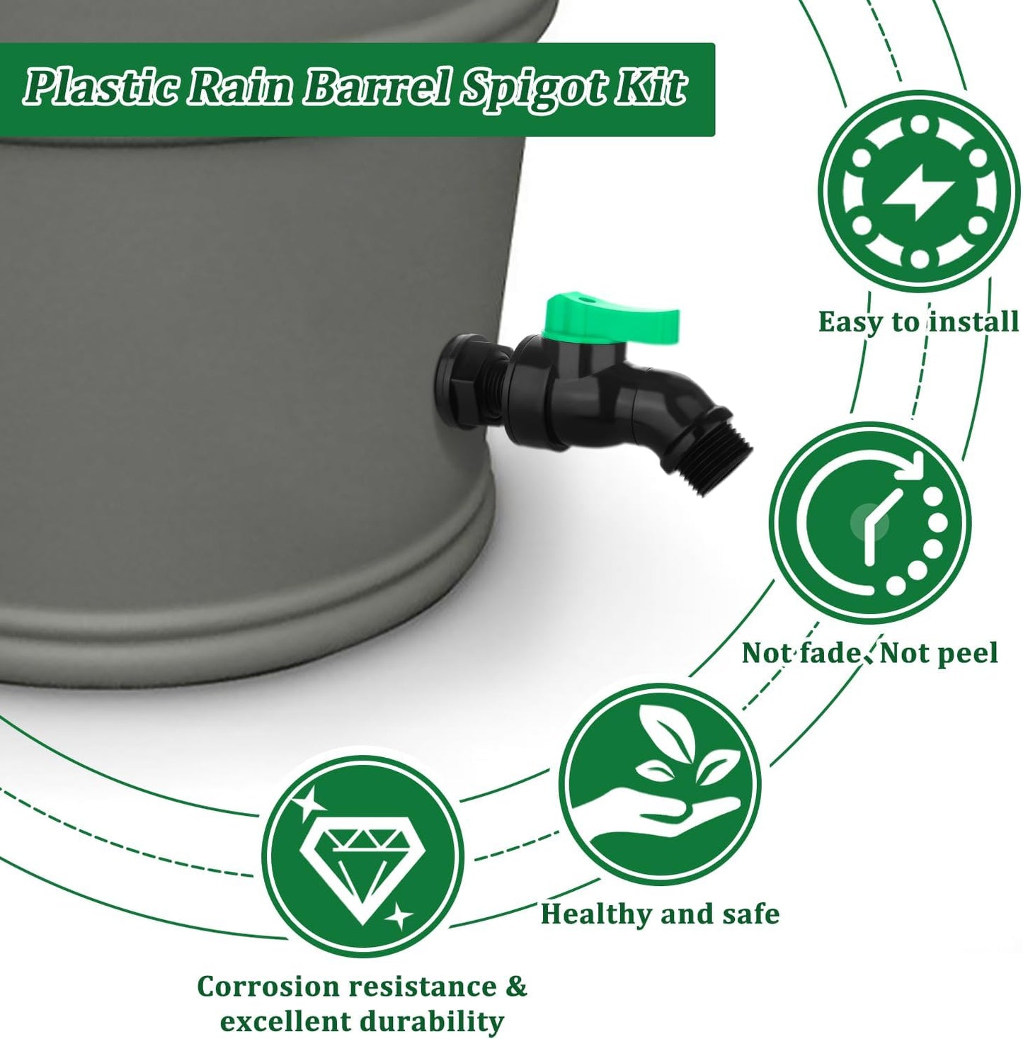 Plastics Rain Barrel Spigot Kit High Flow Valve Core Water Tank Faucet+PVC Bulkhead Fitting 1/2" NPT to 3/4" GHT Rain Barrel Spigot for Plastic Bucket Rainwater Drum Container Downspout Collector in