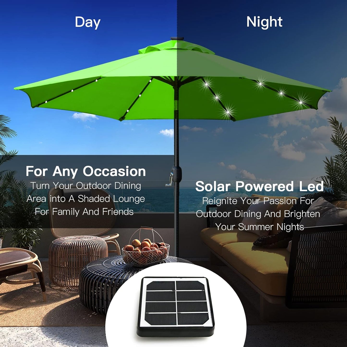 Sunnyglade 9' Solar LED Lighted Patio Umbrella with 8 Ribs/Tilt Adjustment and Crank Lift System (Grass Green)