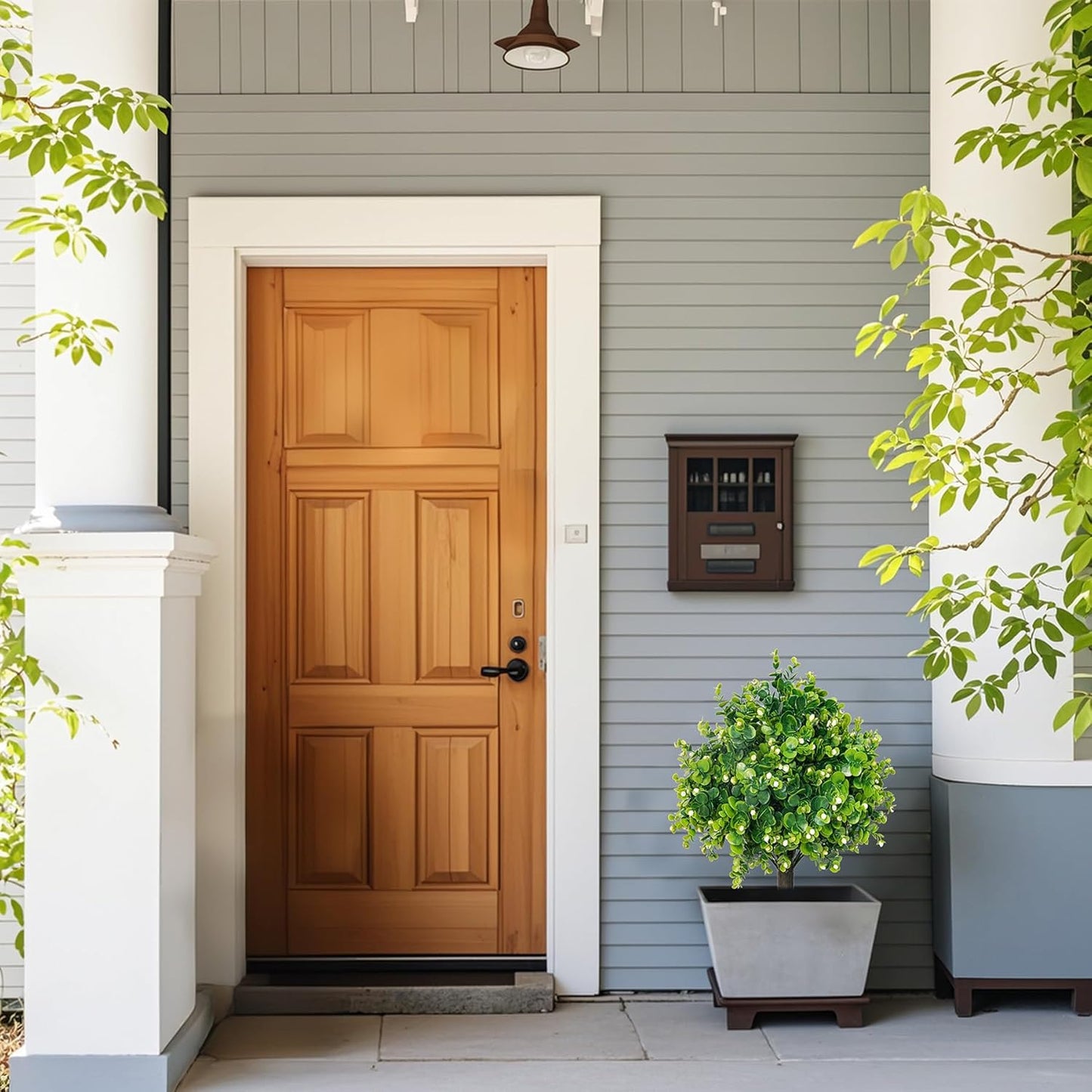 Artificial Boxwood Topiary Ball Trees 21.6" Tall UV Resistant Artificial Bushes, Set of 2 Faux Plants with Spike Easy to Push in The Ground for Indoor Outdoor Garden