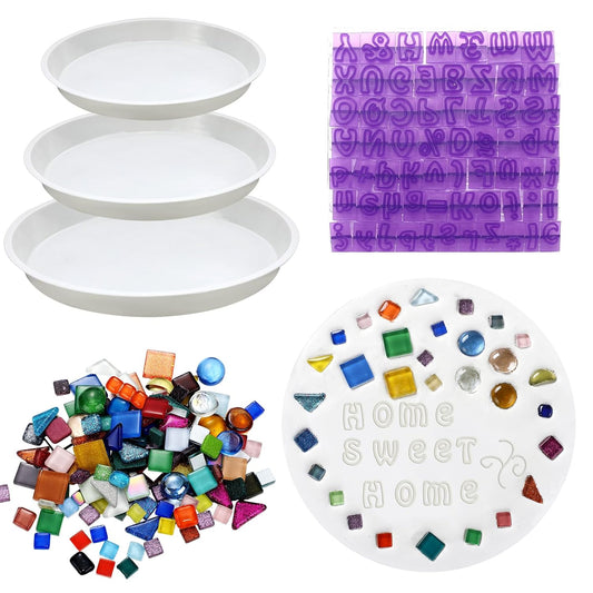 5 Pcs 3 Size Stepping Stone Kit for DIY Outdoor Garden Stepping Stone Includes Cement Molds Mosaic Tiles and Concrete Letter Stamps No Concrete Mix(White)