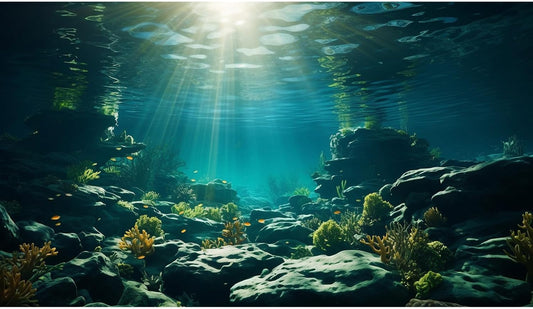 Aquarium Background Underwater Aquatic Plants Rocks Fish Terrarium Backdrop Sunlight Rays Coral Fish Tank Background Cave Style Landscape Sea Grass Tank Wallpaper Poster Vinyl 30x12in