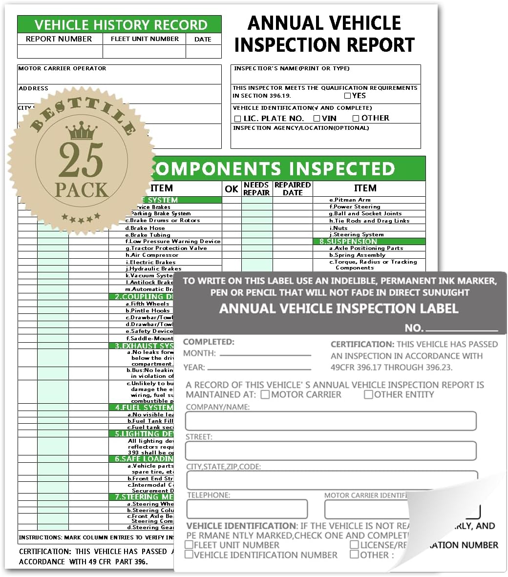 Annual Vehicle Inspection Report Form Dot Annual Inspection Forms and Stickers, 25-pk 3-Ply Carbonless Adhesive Vinyl Label 2-Ply, Driver Vehicle Inspection Report Book for Truck Drivers