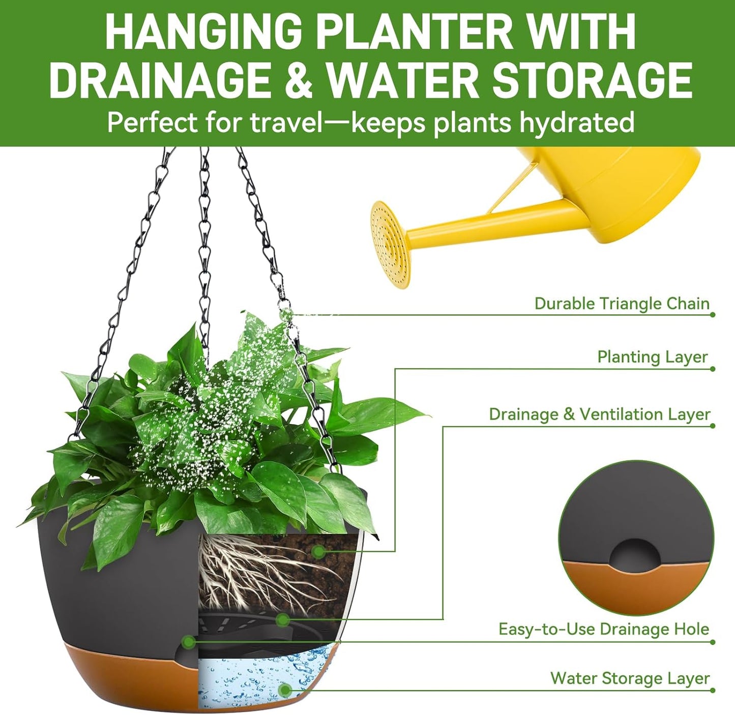 10 Inch Hanging Planters for Indoor & Outdoor Plants (2 Pack) - Self-Watering & Drainage Flower Pots with 2 Kinds of Plant Hangers for Home Decor & Garden (Deep Gray, 10 in)