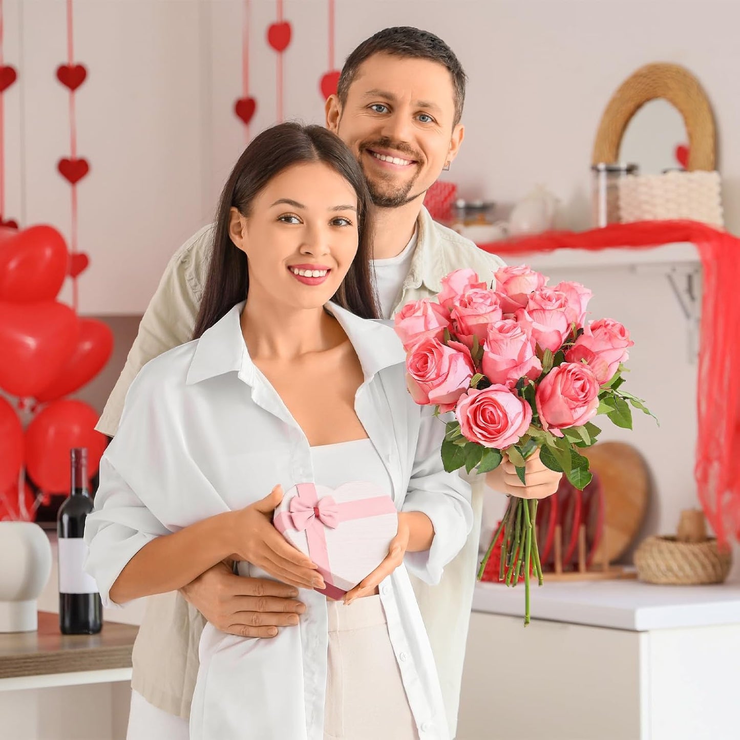 12Pcs Realistic Fake Dark Pink Roses Faux Flowers with Long Stems, Artificial Silk Rose Flowers for Valentines Day Home Wedding Decor Bridal Bouquet