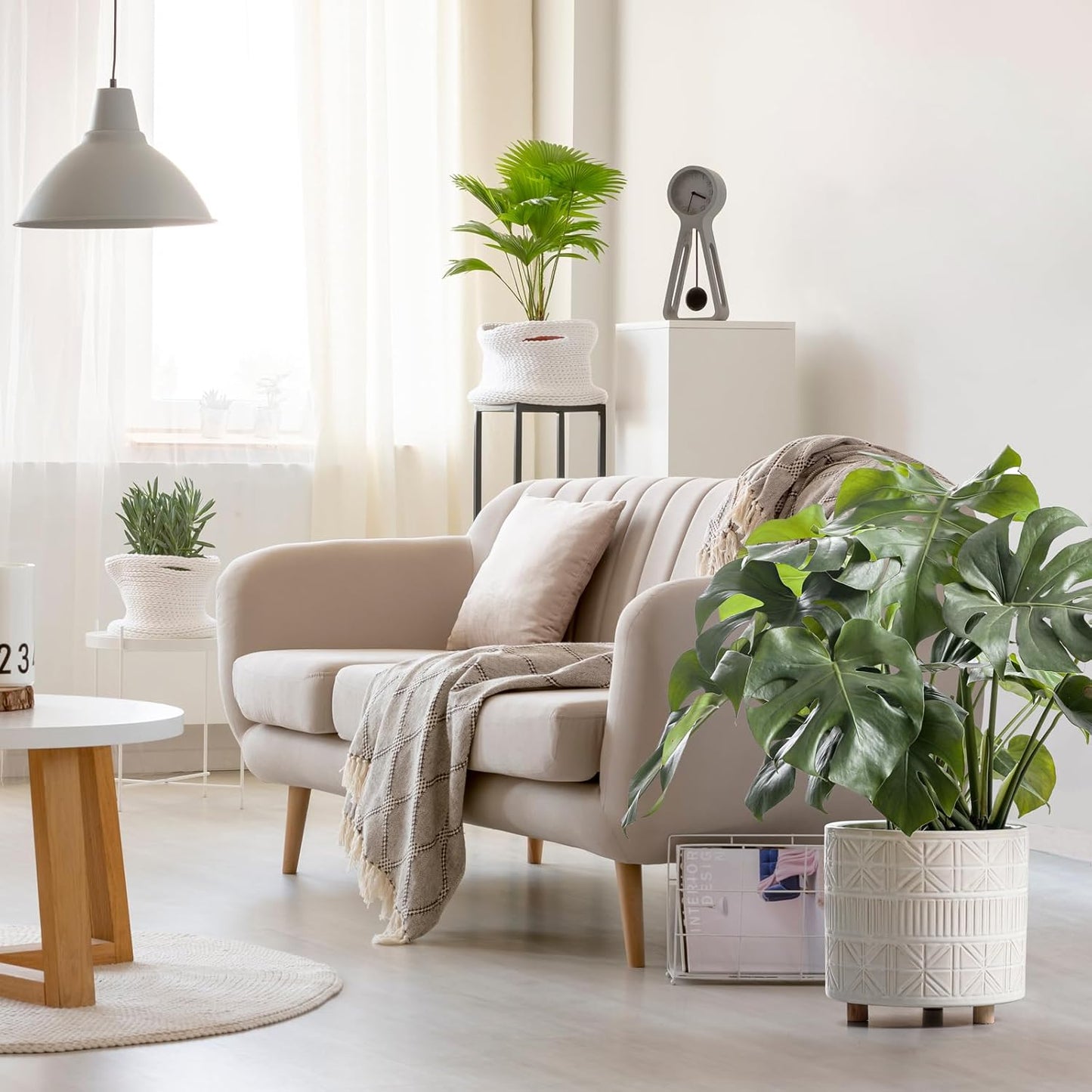 Ceramic Plant Pot with Foots: 10 Inch Planter with Wooden Legs - Large Pots for Indoor Plants - Modern Flower Pot for Home Office Patio Garden Windowsill