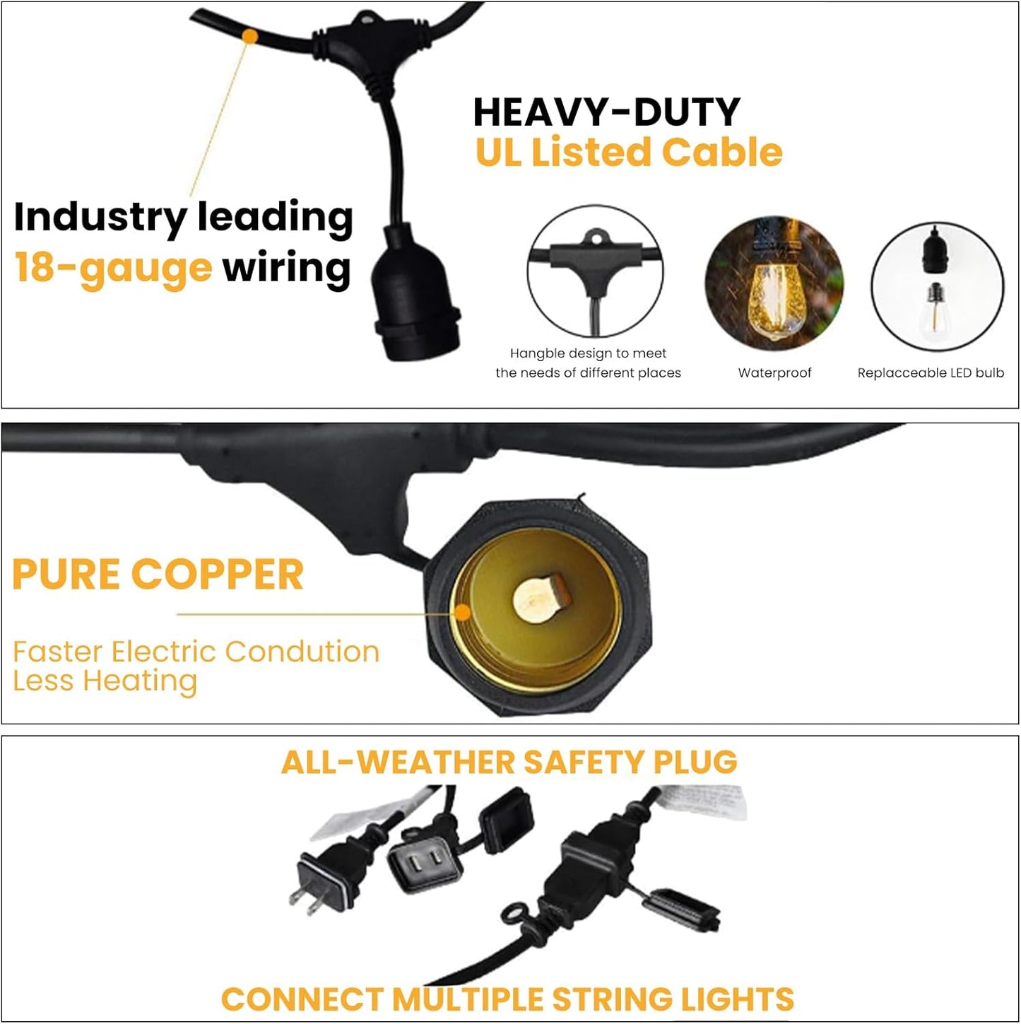 Svater 96 FT Outdoor String Lights 2W, Patio Light for Outside with 32 Antique S14 Plastic LED Bulbs, IP65 Waterproof Hanging Cafe Market Lighting, ETL-Listed Dimmable Warm White 2700K (48 FT x 2)