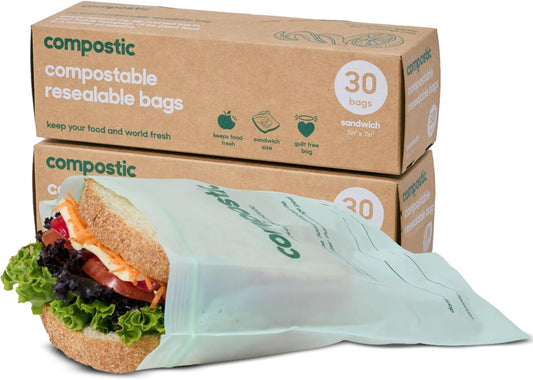 Home Compostable Resealable Sandwich Bags (7"x7"), Microwave & Freezer Safe, Organic Food Storage Container, 30 Count (Pack of 2)
