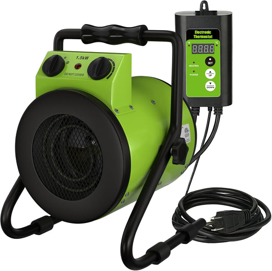 Gardtech Greenhouse Heater with Digital Thermostat, 1500W Portable Outdoor Heater with Overheat Protection, Grow Tent Heaters [Stronger air volume] Fast Heating for Patio, Garage, Flower House(Green)