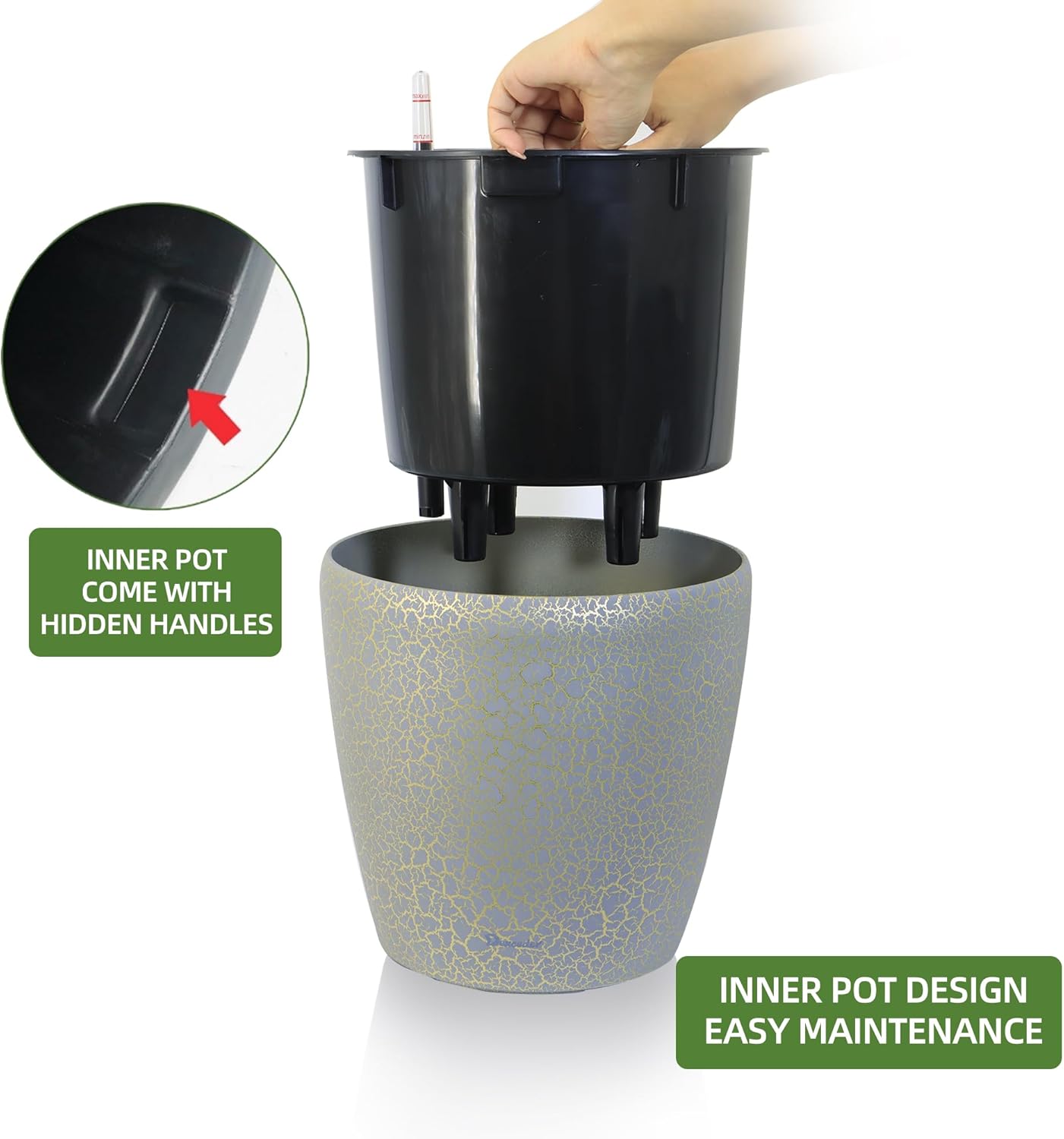 Dexceder 9x8 Inches Self Watering Planter Indoor Outdoor, Inner Pot Design, Thickened Table Flower Plant Pot with Water Level Indicator (Grey Gold Crackle)