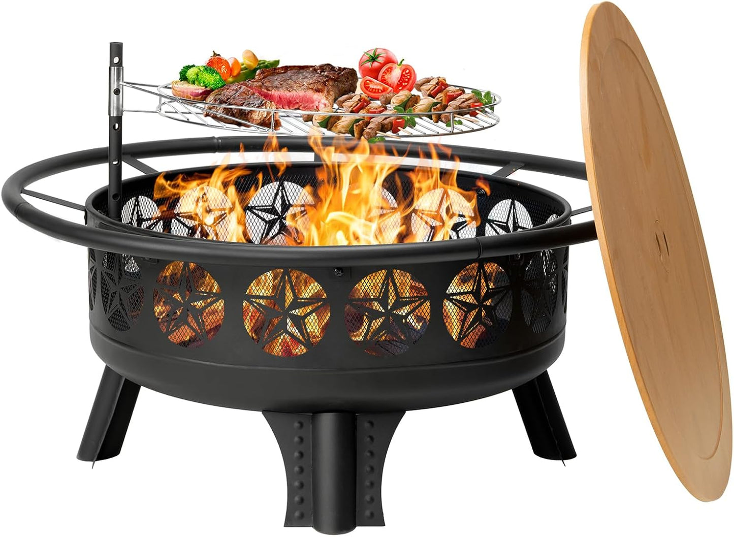 38” Wood Burning Fire Pits for Outside,3-in-1 Fire Pit with Grill, Spark Screen & Fire Poker,Outdoor Firepit Table with Swivel Cooking Grate for Yard BBQ Bonfire Patio Camping (38 inch)