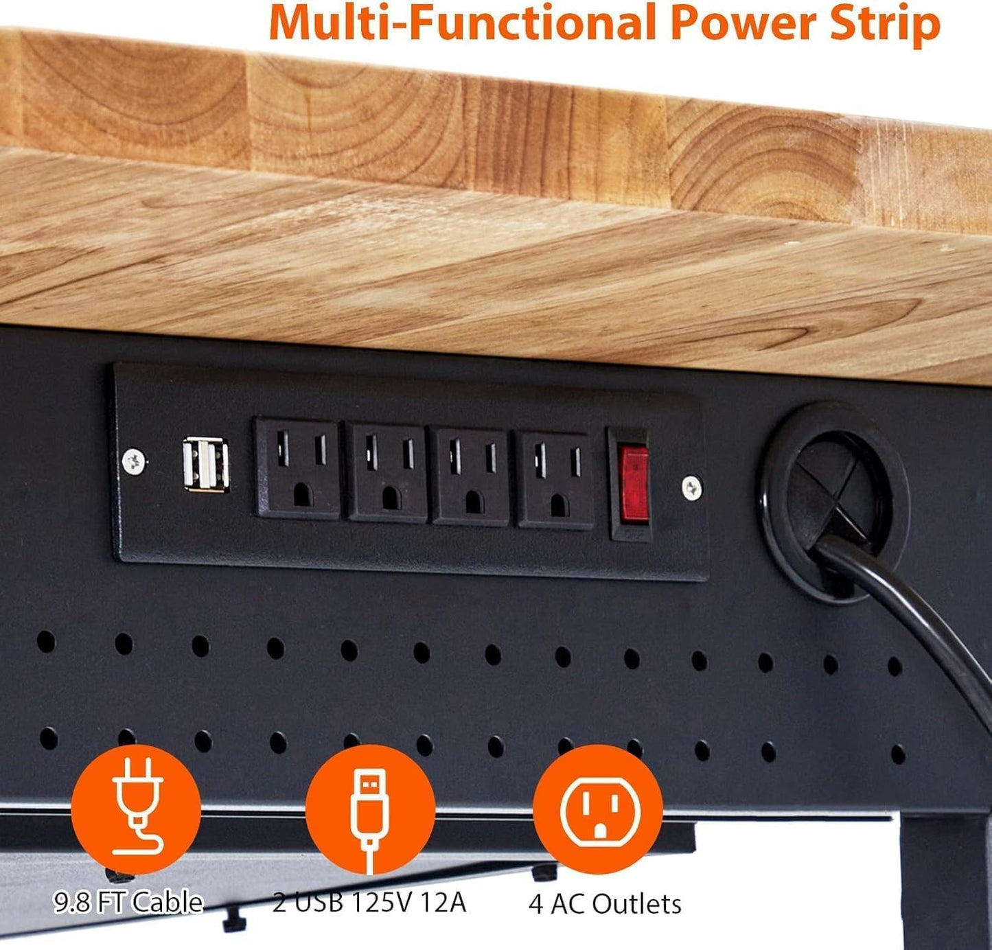 60-Inch Garage Workbench with Wheels, Adjustable Rubber Wood Top Garage Workbench with Pegboard & Drawer & Power Outlet, 2000 lbs Load Capacity, for Workshop, Woodworking, Office