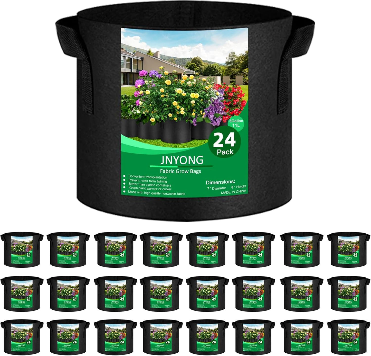 24-Pack 3 Gallon Thickened Non-Woven Grow Bags, Aeration Fabric Pots with Handles