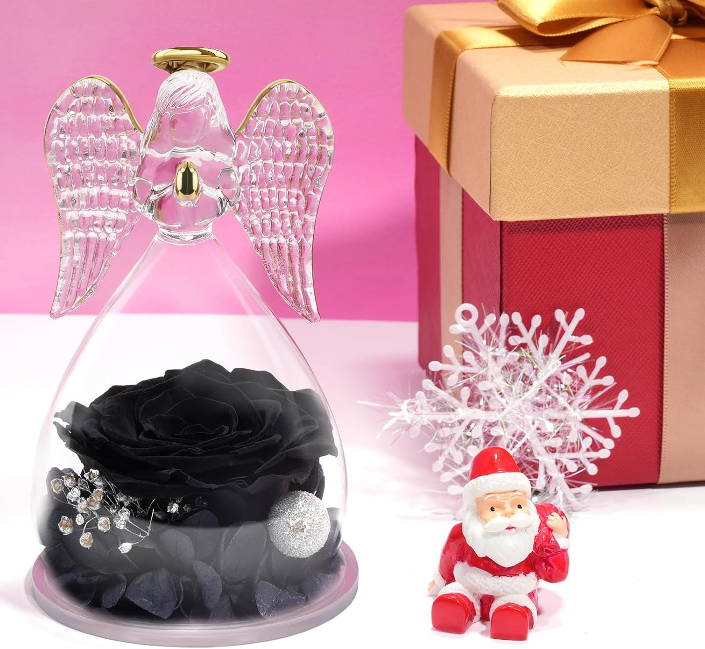 Yamonic Mom Birthday Gifts for Mom, Angel Figurines with Real Rose Gifts for Her Mom Grandma,Preserved Rose Angel Figurines for Women, Mothers Day Christmas Valentine's Day Gifts for Women (Black)