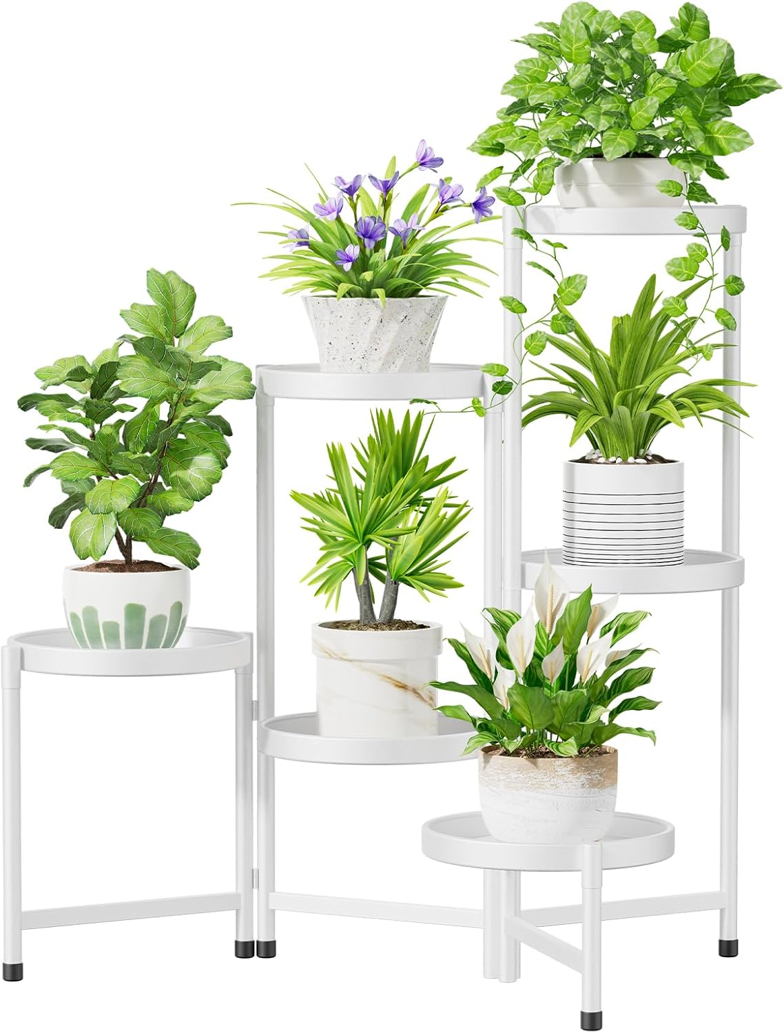 iDavosic.ly 6 Tier Large Plant Stand Indoor with 10 Inch Wide Tray, Tiered Corner Metal Outdoor Flower Display Holder Shelf, Folding Tall Rack for Patio Porch Living Room, White