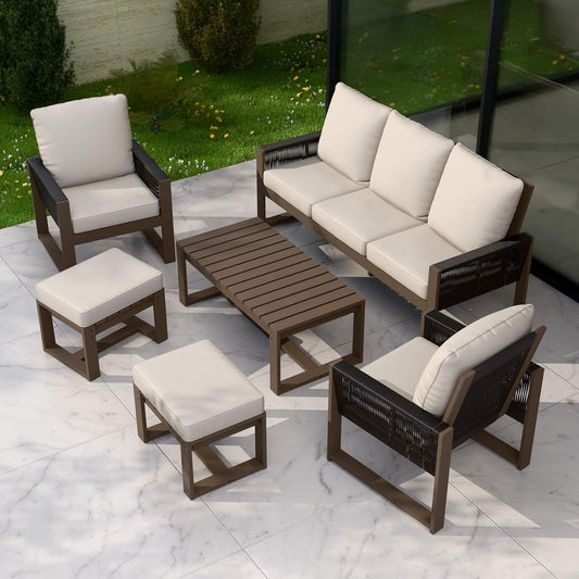 EAGLE PEAK Natural Wood Outdoor Patio Furniture, Cedar Furniture, Conversation Set, Outdoor Seating for Deck Patio Porch, Sofa 2 Chairs 2 Ottomans & Coffee Table, 6 Pieces, Brown/Beige