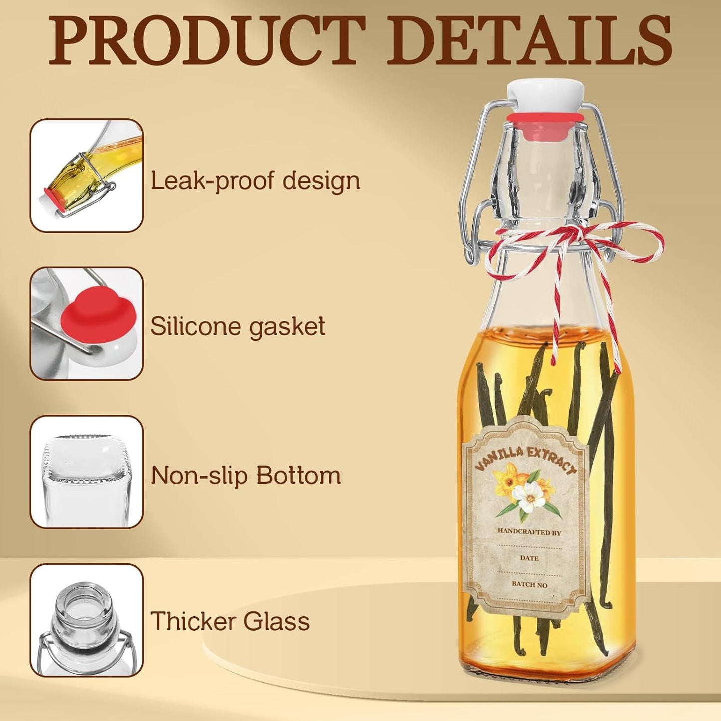 10 Pack Swing Top Glass Vanilla Extract Bottles 8 oz with Lids, Vanilla Extract Labels and Funnel, Glass Boston Vanilla Bottles for Syrup Gift, Flip Top Glass Bottles Jars for Vanilla Extract