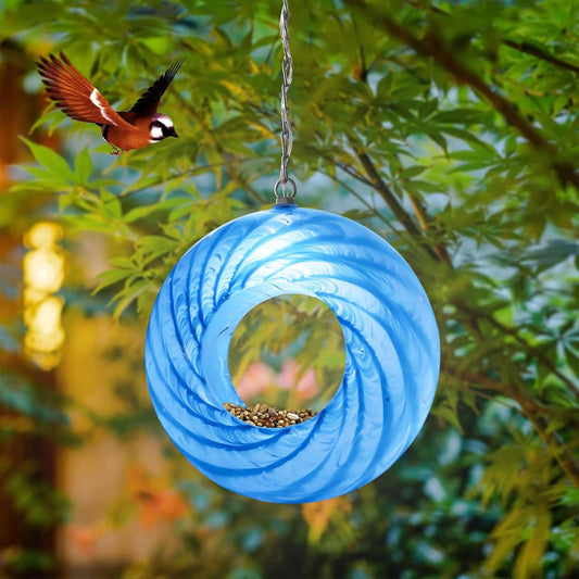 Bird Feeder Fly Through Bird Feeders for Outside Hanging with Round Shape Glass Container Solar Wild Birds Feeder for Garden Decor, 8-Inch (Cyan)