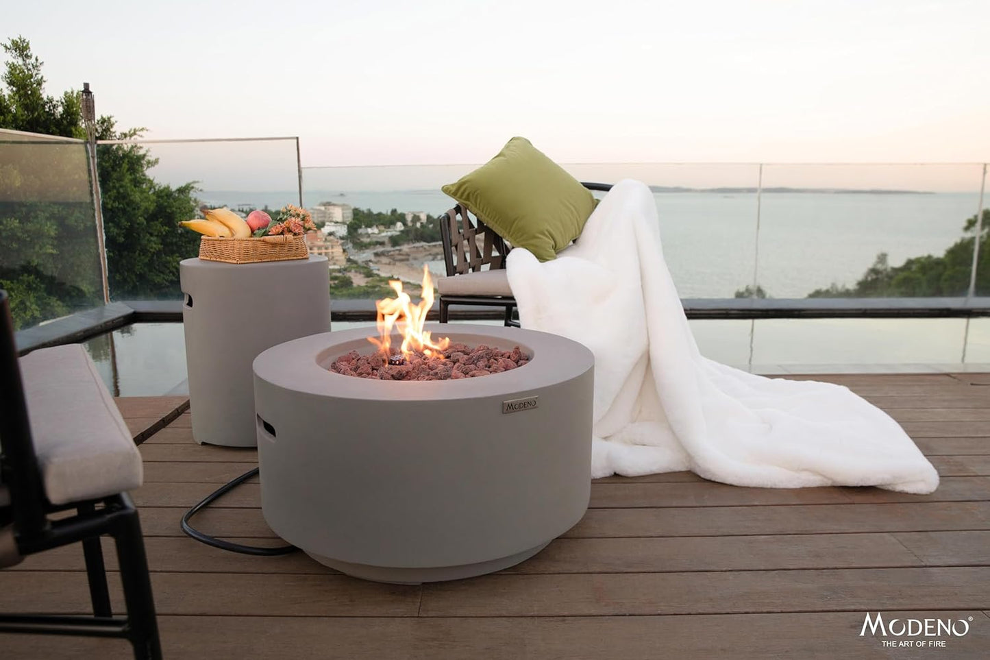 AMS Fireplace | Modeno Waterford Package | Light Gray Liquid Propane Gas Fire Pit Table for Outside Patio Bundle with Tank Cover | Free Ice Bucket & Rubber Mat