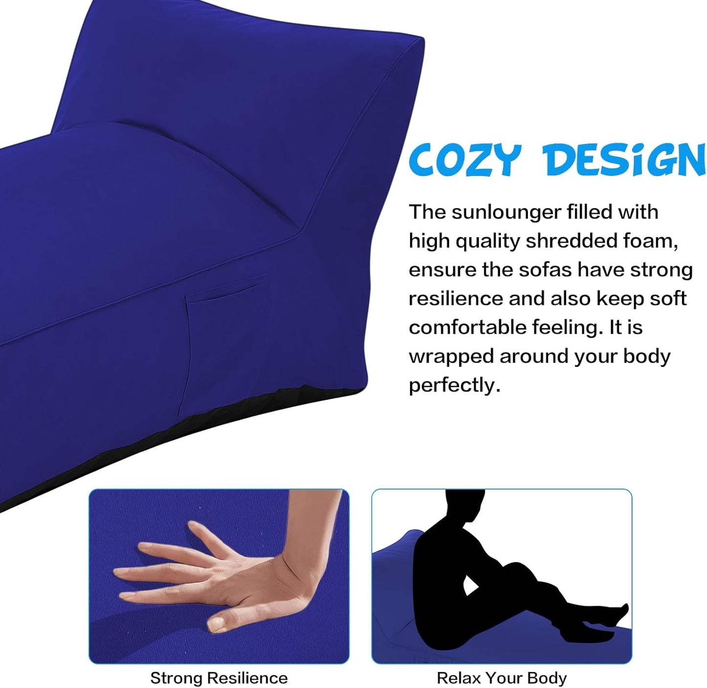 Outdoor Chaise Lounge Chair, Sunbed UV Resistant Sofa Couch Patio Furniture Waterproof Outside Sunlounge Reclining Sunbathing Bed Comfy Single Chaise Daybed for Garden, Pool, Beach, Navy Blue