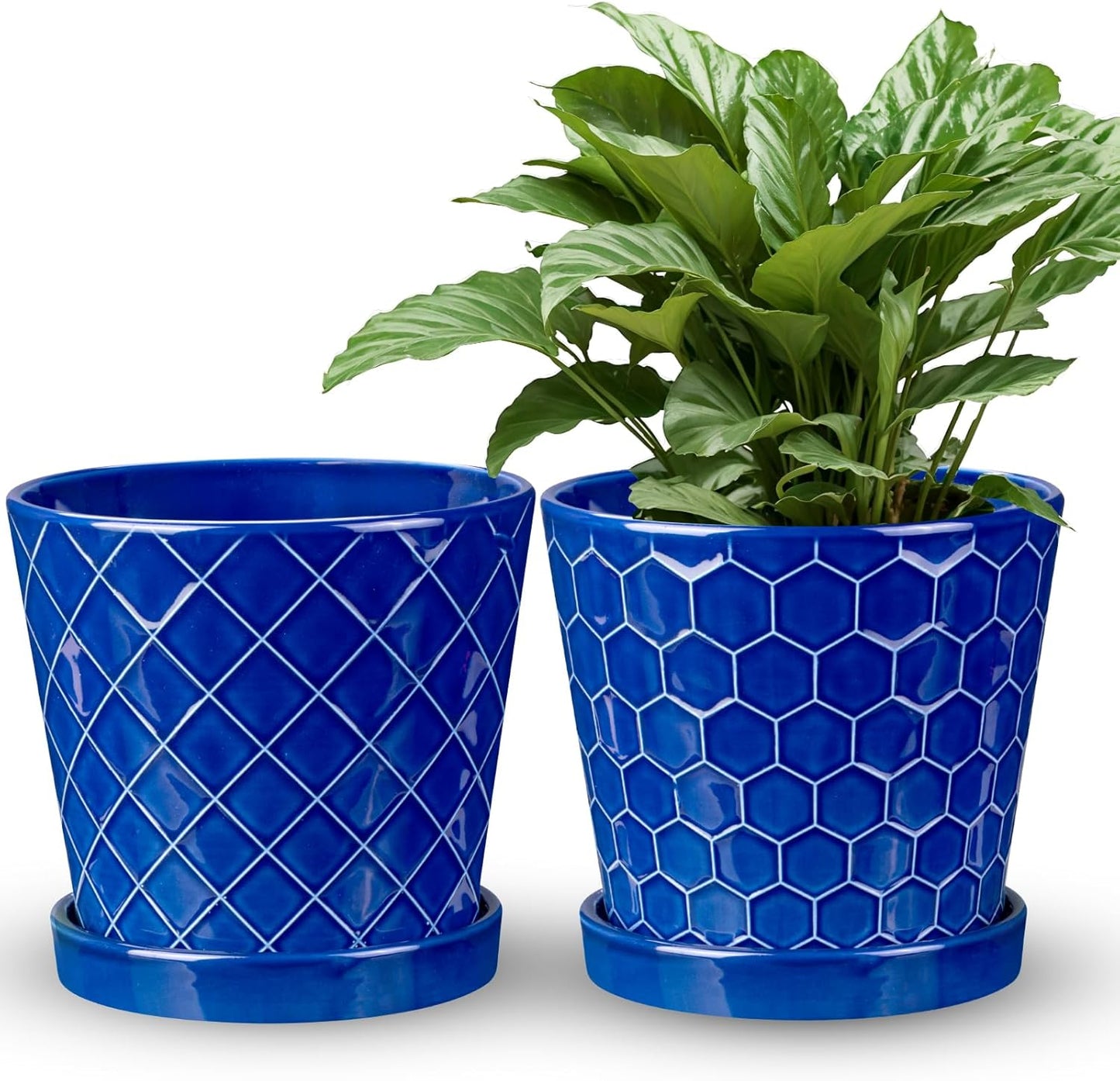 EFISPSS 6 Inch Pots for Indoor Plants,Ceramic Plant Pots,Planters with Drainage Hole and Saucer, Flower Pots Desktop Office Windowsill Decoration Gift Set of 2 - Sapphire Blue