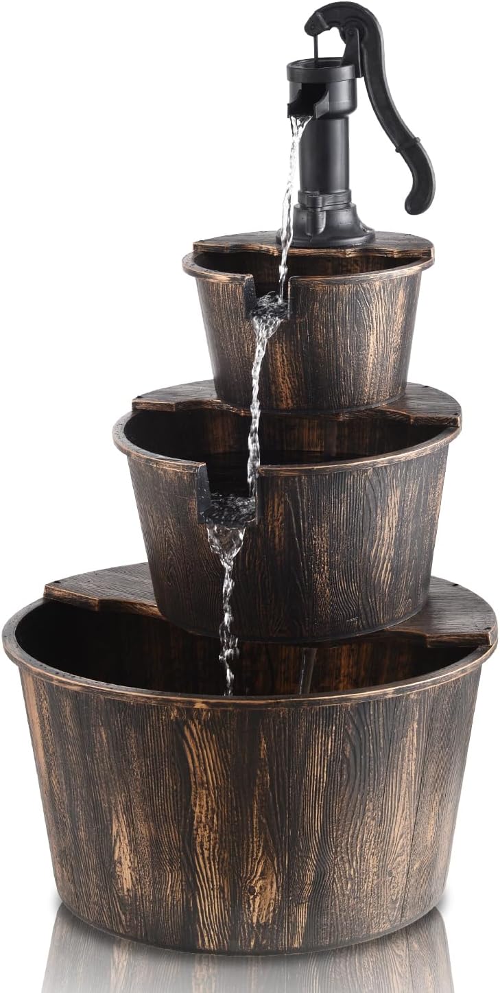 YI 40-Inch 3 Tier Barrel Waterfall Fountain Outdoor Water Fountains Barrel Wood 3-Tier Freestanding Rustic Pump for Garden Patio Backyard Porc
