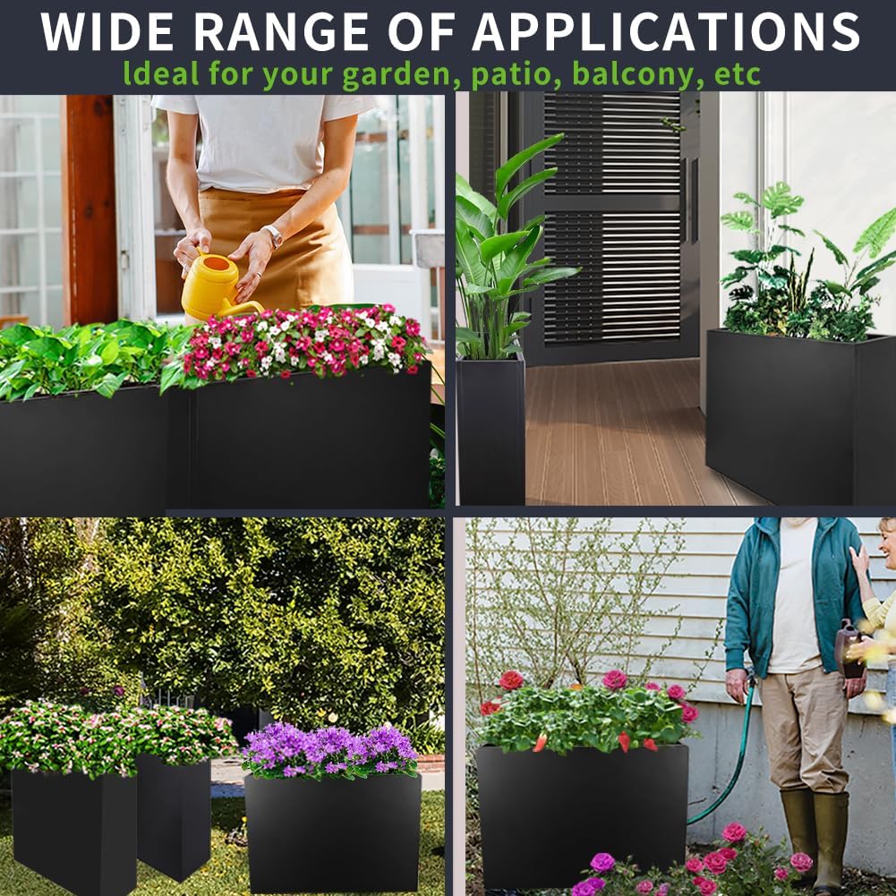 Metal Tall Long Planter Box Large Rectangular Planter Flower Pot with Drainage Holes for Indoor Outdoor Deck Porch Garden Home Patio Front Door (Black, M)