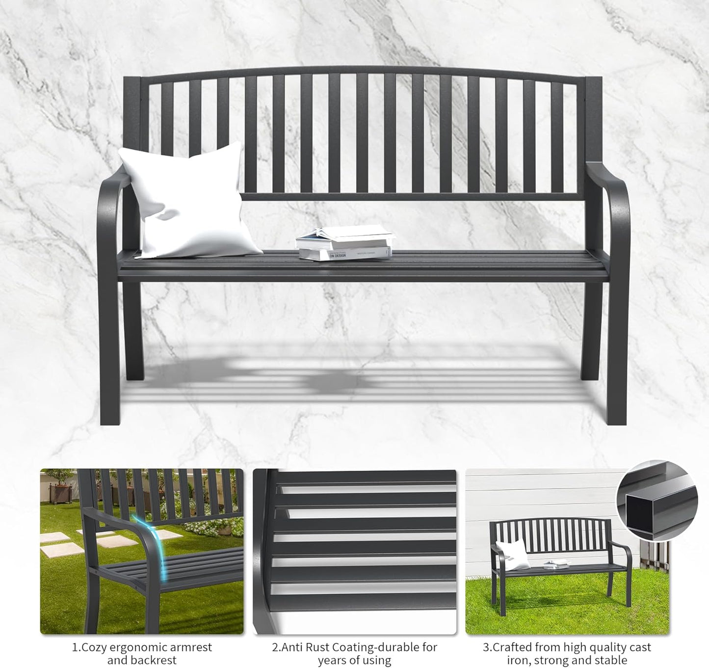 YLGJ&TIDY 50" Outdoor Bench, Metal Garden Bench, Patio Park Bench with Backrest & Armrests, Rust-Resistant, Perfect for Gardens, Parks, Porch, Lawn and Yard (BENCH08)