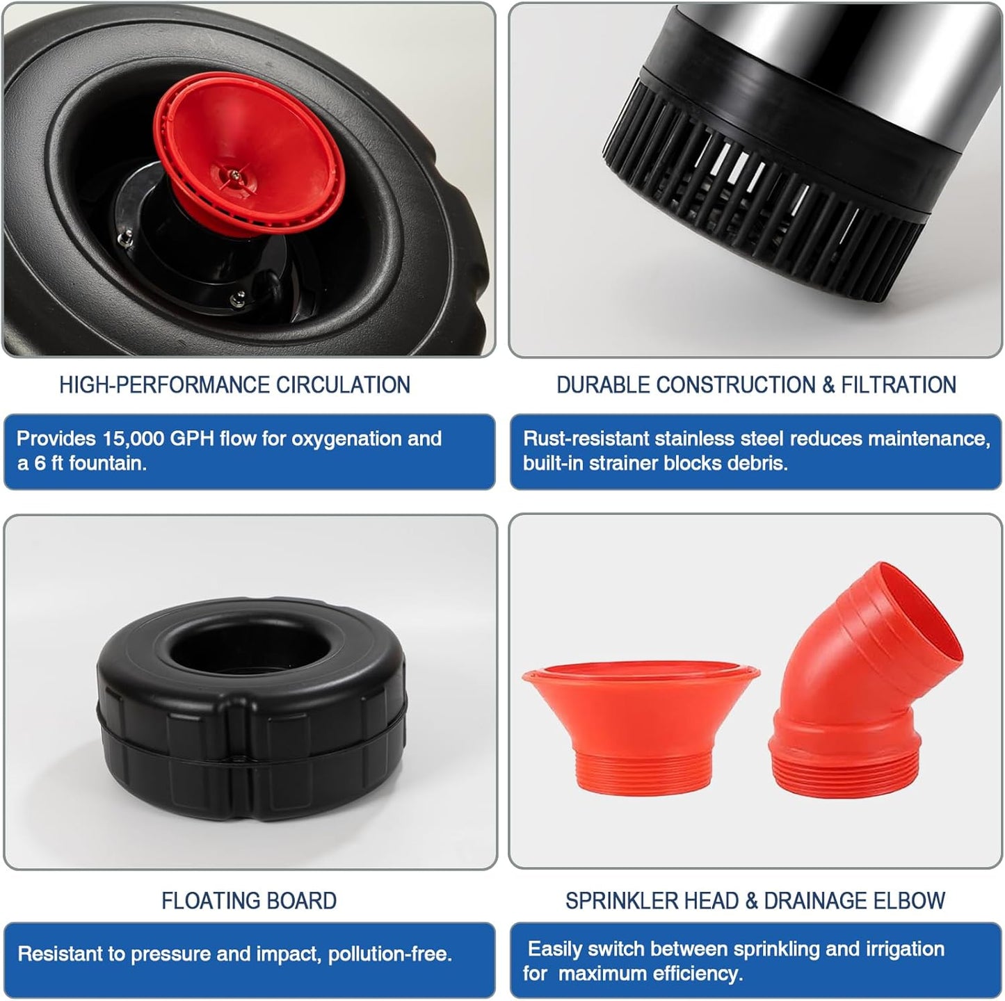 Pond Fountain Aerator, 1HP 15000 GPH Floating Fountain Pump with Timer & 100FT Cord, Stainless Steel Pond Jet System for Large Outdoor Ponds & Lakes