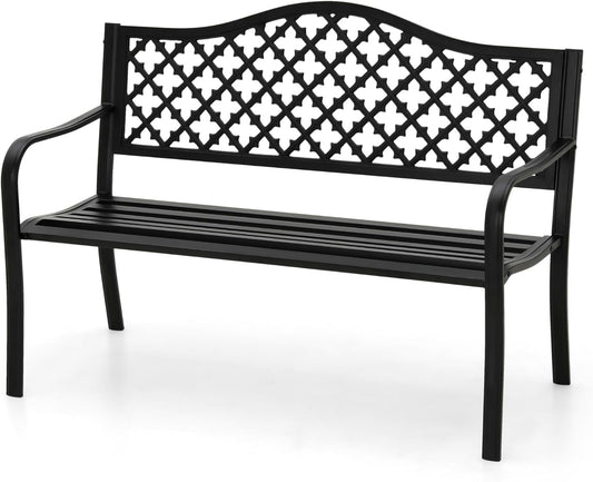 MFSTUDIO 50" Black Outdoor Metal Garden Bench, Cast Iron Frame Patio Furniture with E-Coating, Perfect for Porch and Yard