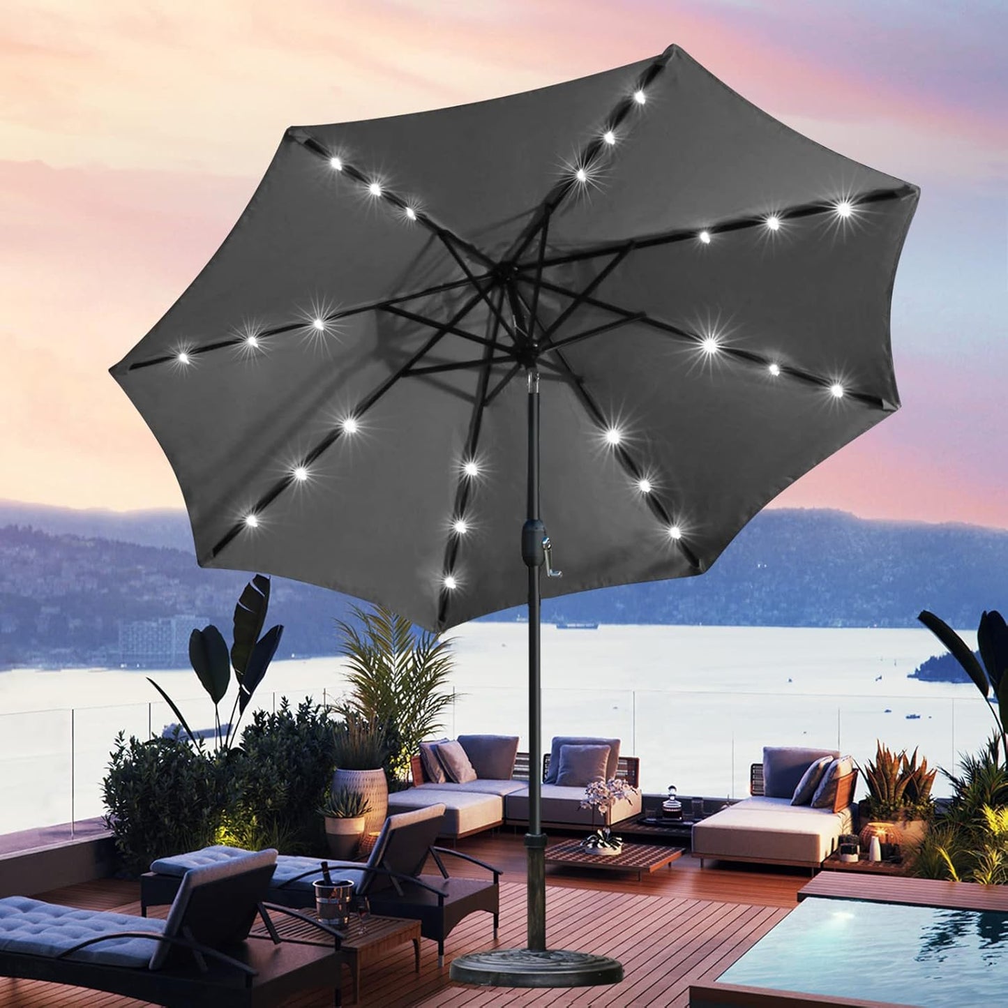 Sunnyglade 9' Solar LED Lighted Umbrella with 8 Ribs Adjustment and Crank Lift System for Patio (Grey)