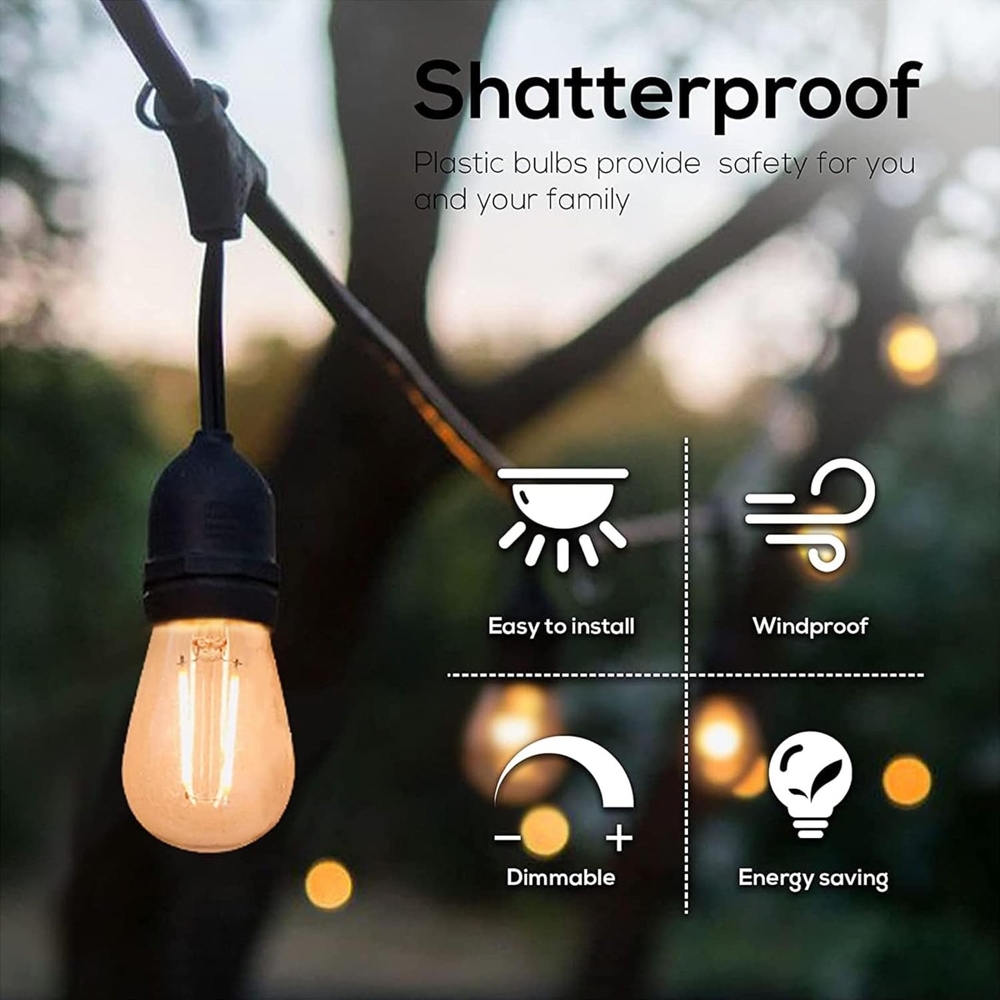 Banord 5 Pack Dimmable 2W S14 Replacement LED Bulbs, 2700K Warm White Waterproof Outdoor String Lights Vintage LED Filament Bulb, Shatterproof E26 Screw Base Edison Light Bulbs