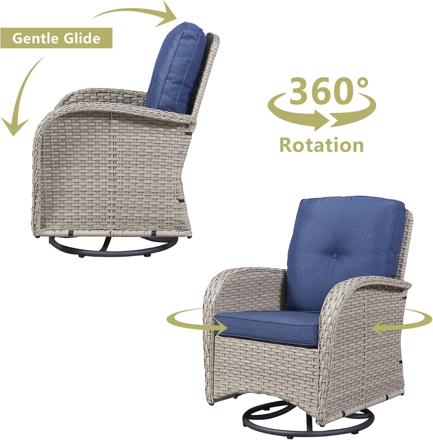HUMMUH Swivel Patio Chair 3 Piece PE Wicker Patio Furniture Set with Rocking Chairs and Side Table Outdoor Bistro Set for Porch,Garden,Deck,Poolside