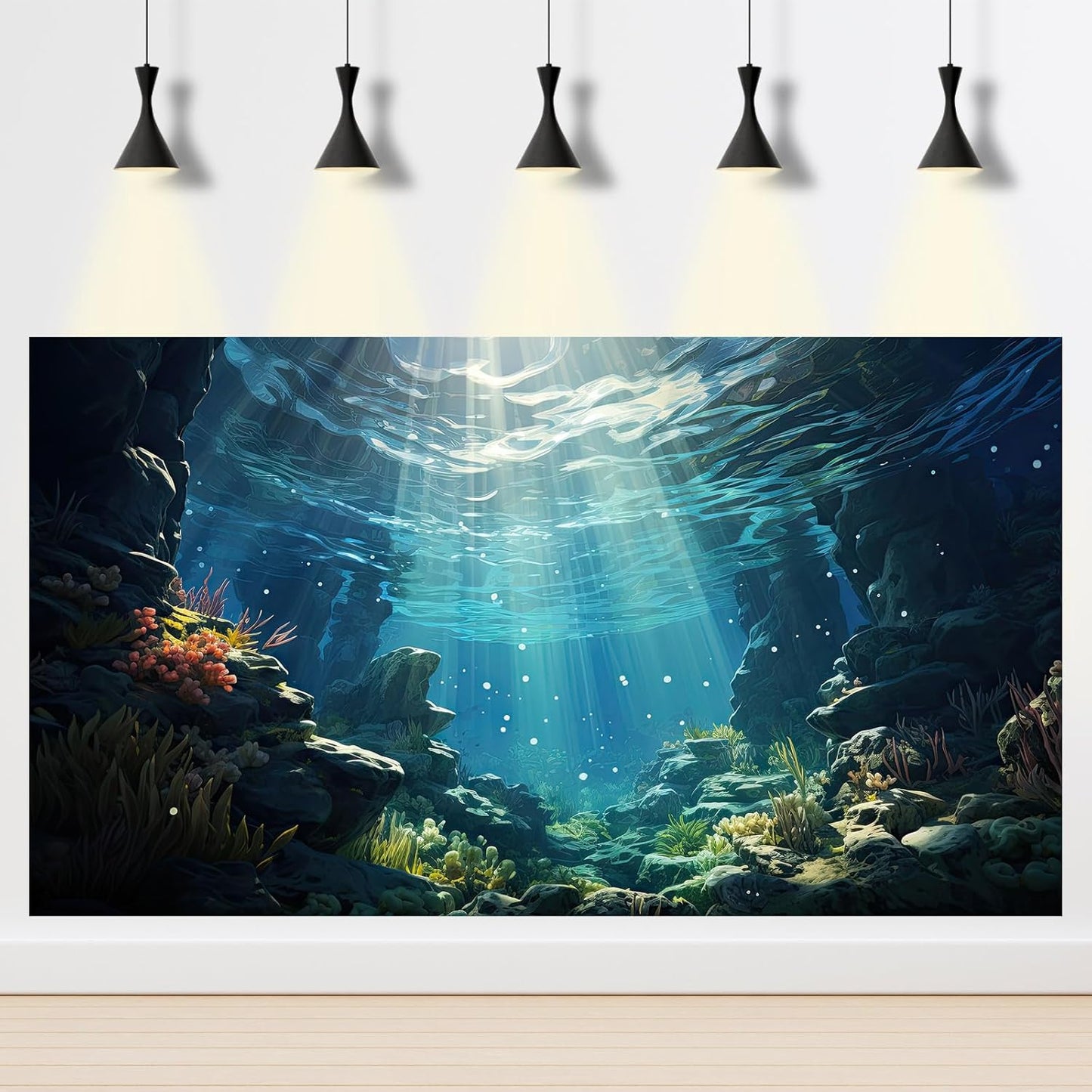 Underwater Aquarium Background Corals and Tropical Fish Terrarium Backdrop Rock Aquatic Plants Sunlight Rays Fish Tank Background Tank Aquarium Wallpaper Poster Decor Vinyl 48x20in