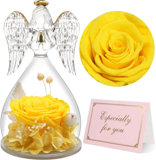 Yamonic Mom Birthday Gifts for Mom,Angel Figurines with Real Rose Gifts for Her Mom Grandma,Preserved Flowers Rose Angel Figurines for Mothers Day Christmas Anniversary Birthday Gifts for Wife(Yellow)