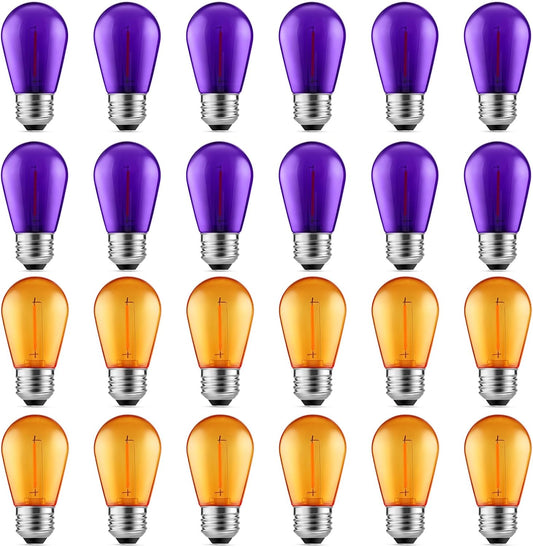 Meconard S14 Purple and Orange LED Light Bulbs, 24Pack 1W Plastic Shatterproof Waterproof LED Bulbs for Indoor Outdoor String Lights, E26 Base, Halloween Decoration, String Light Replacement Bulbs