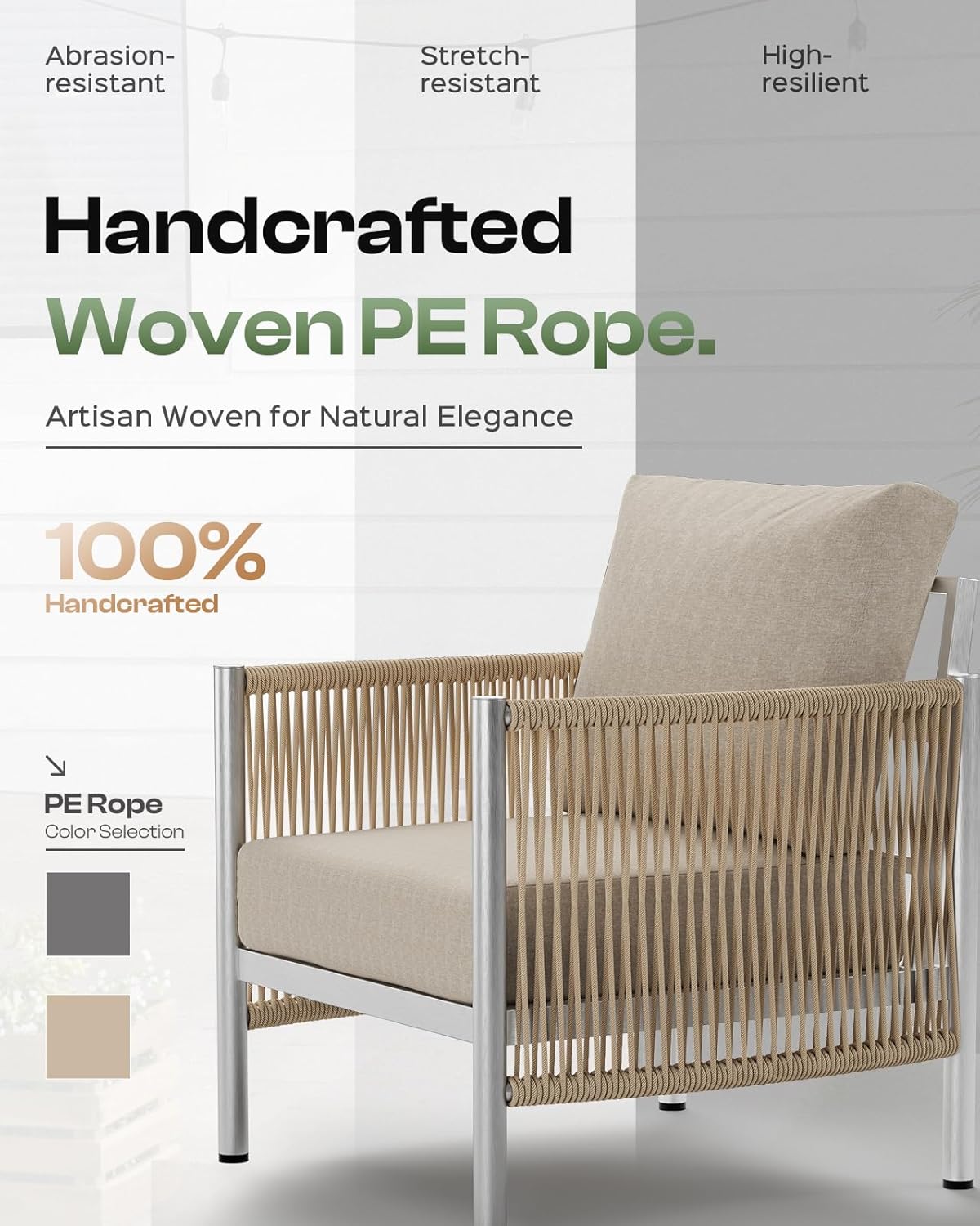 Aluminum Outdoor Patio Furniture Set, HDPE Rope 5 Piece Modern Sectional Conversation Sets with Dual-Layer Coffee Table, All Weather Patio Couch Sofa with Thick Cushions, Silver Frame, Beige