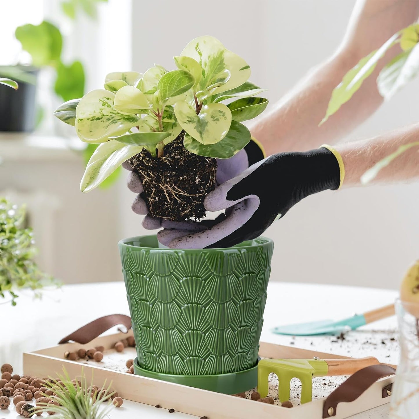 EFISPSS 5+6 Inch Plant Pot, Ceramic Pots for Plants with Drainage, Flower Pots Indoor Pots for Plants, Modern Flower Pots for Home and Office Windowsill Decoration Gift Set of 2 - Patina