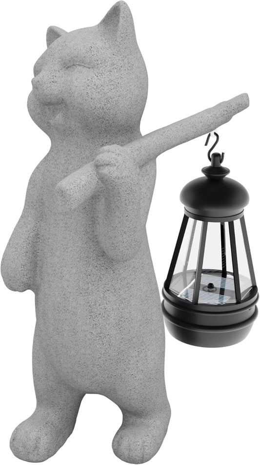 Garden Decoration, Figurine, Lawn Statue, Sculpture Ornament, Animal Figurine - Cat Resin Statue with Lantern (Walking01)