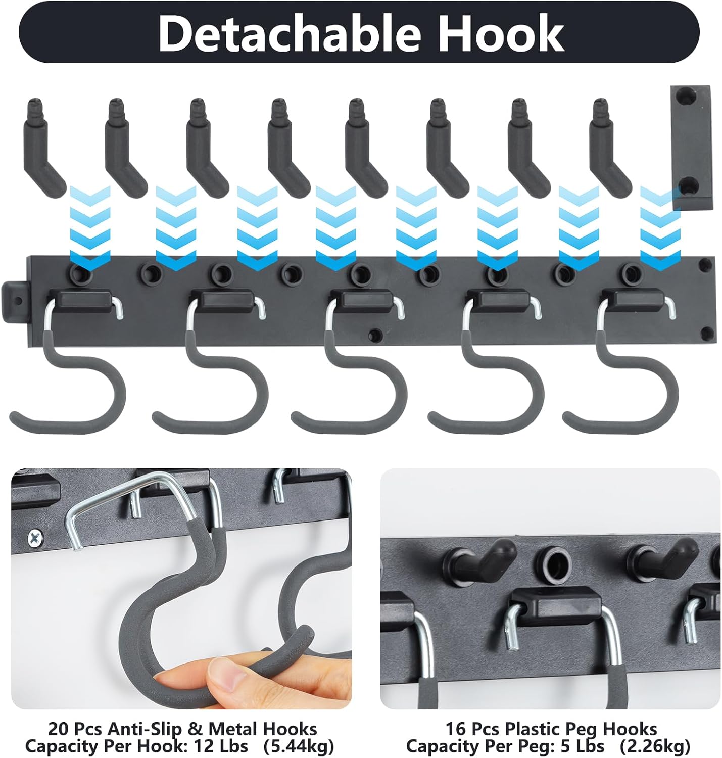 WellMade 64'' Adjustable Garden Tool Organizer, Garage Storage System with Hooks, Wall Mount Tool Organization Rack, Black