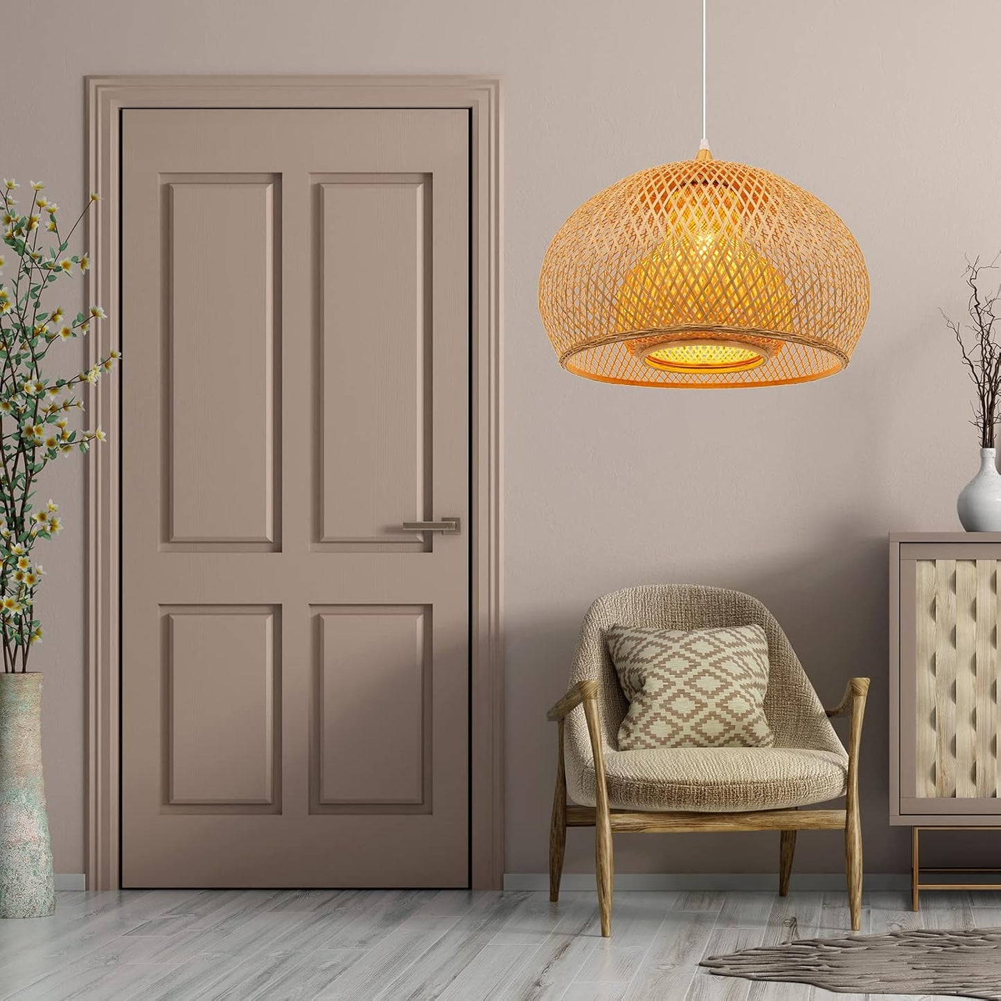 Arturesthome 1 Light Weaving Bamboo Pendant Light for Kitchen Island,17.6" Wicker Chandelier,Handmade Woven Hanging Ceiling Light for Living Room Bedroom