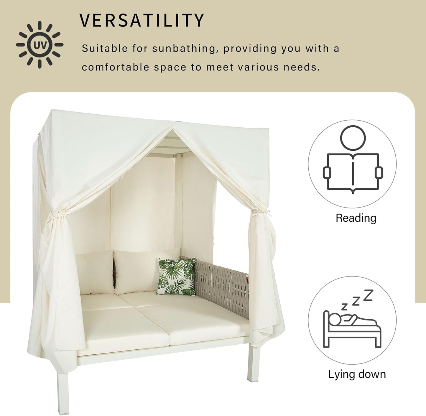 Polibi Outdoor Patio Sunbed with Beige Curtains,Outdoor Sun Lounger Bed with Pillows,Rubber Core Rope Weaving Outdoor Double Chaise Lounge Suitable for Pool,Garden,Beige